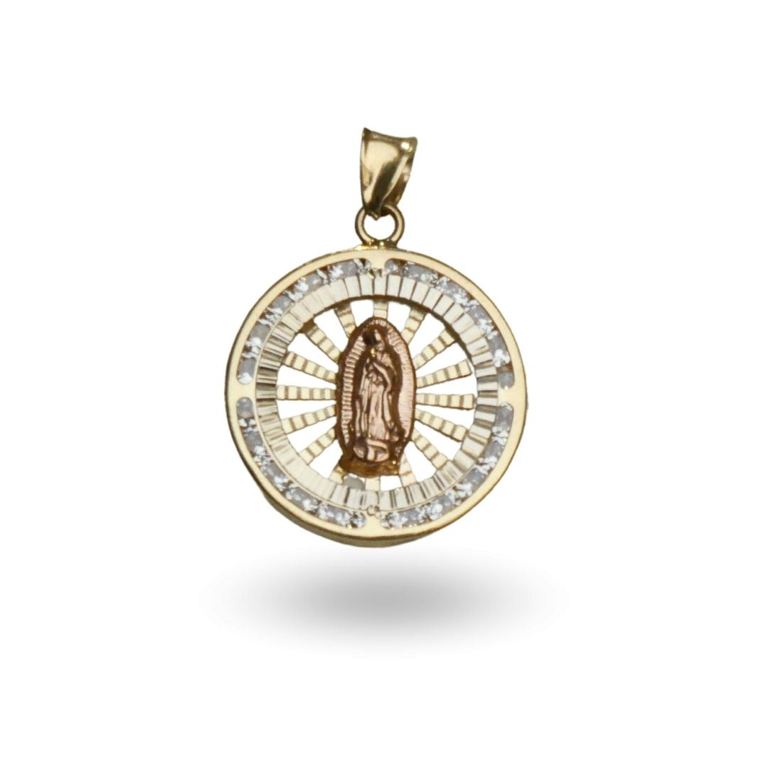 Medalla de cuerpo completo de la Virgen de Guadalupe con zirconia y resplandor