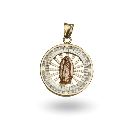 Medalla de cuerpo completo de la Virgen de Guadalupe con zirconia y resplandor